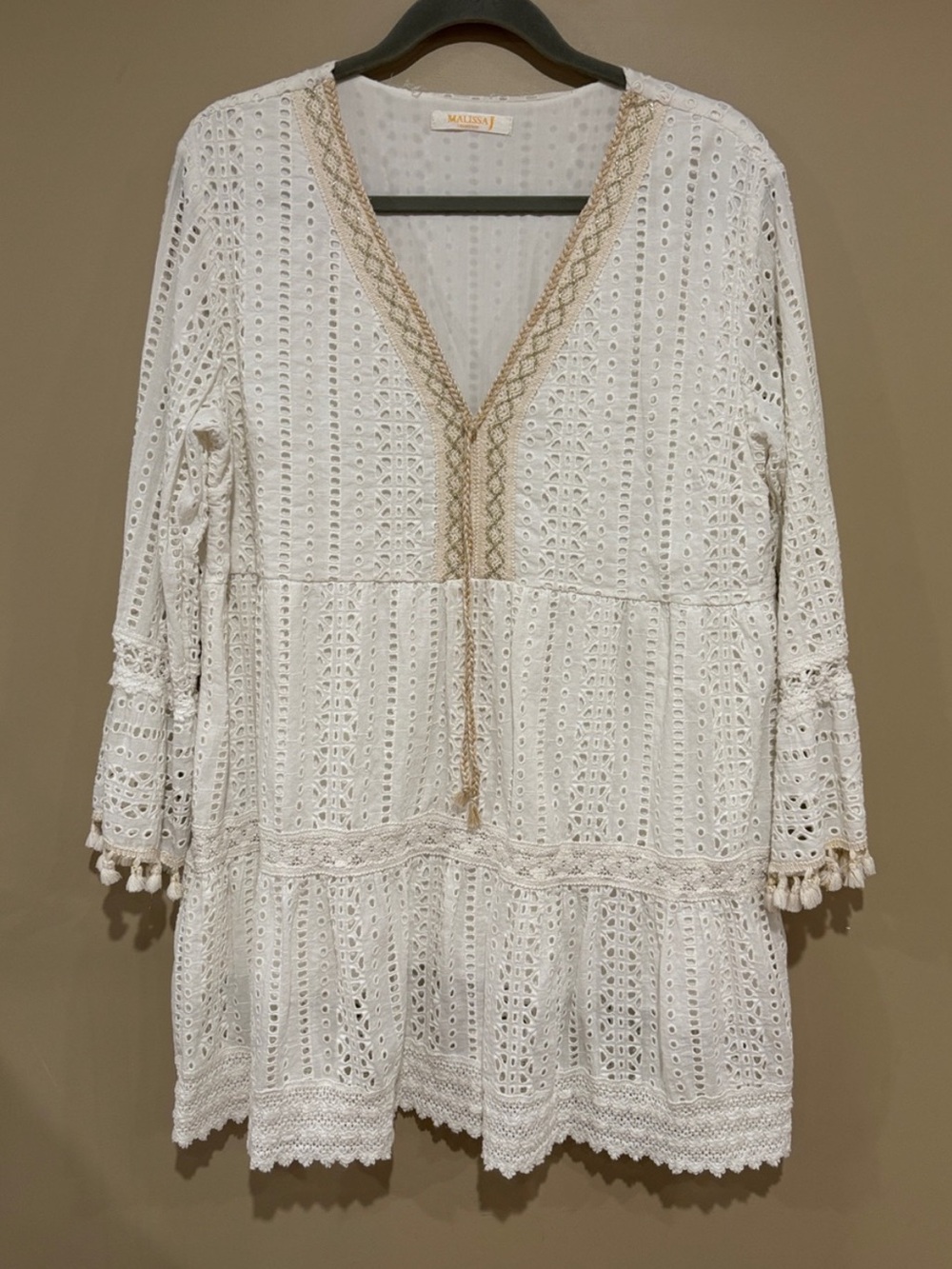 Eyelet crochet bohemian dress with fringe sleeves (OS, fits like MED/LG)